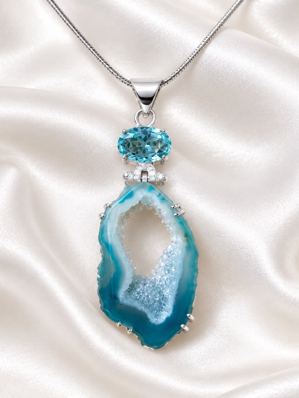 Blue Geode Druzy and Blue topaz Pendant Necklace in Sterling Setting